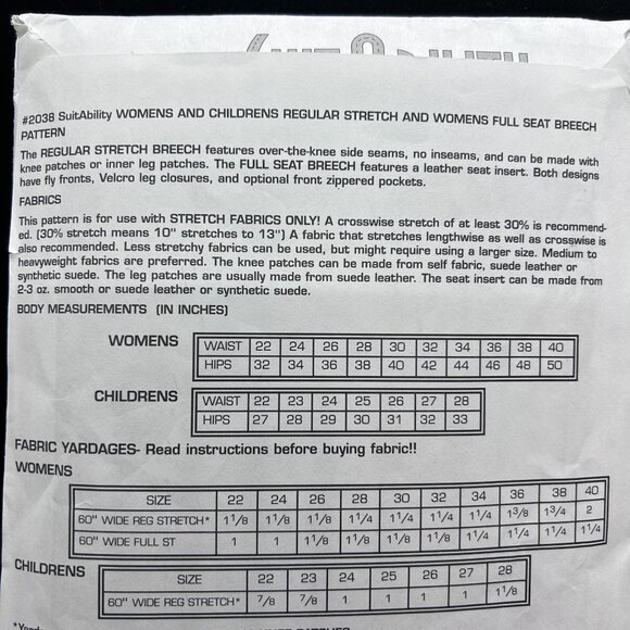 SuitAbility 2038 “Riding Breech & Full Seat Stretch” (22-40)Sewing Pattern Uncut - Picture 3 of 5